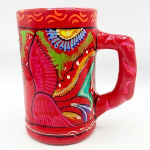 Mexican Pottery Hand Painted Bird Red Mug